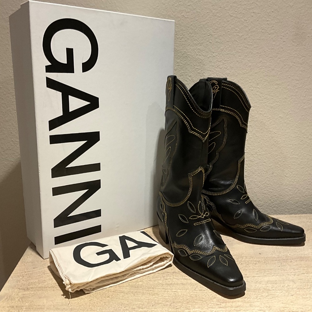 GANNI Mid Shaft Embroidered Western Cowboy Boots High Texas Boot Black Size 40 9 - Picture 6 of 16
